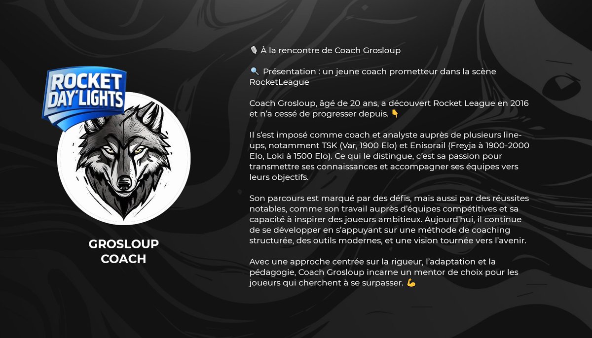 Coach Znc (@coach_znc) on Twitter photo #RocketDayLights
🎙️ À la rencontre de <a href="/coachgrosloup/">CLD | Coach Grosloup</a>
🔍 Présentation : un jeune coach prometteur dans la scène #RocketLeague
Coach Grosloup, âgé de 20 ans, a découvert Rocket League en 2016 et n’a cessé de progresser depuis.
👇
Il s’est imposé comme coach et analyste auprès #RocketDayLights
🎙️ À la rencontre de <a href="/coachgrosloup/">CLD | Coach Grosloup</a>
🔍 Présentation : un jeune coach prometteur dans la scène #RocketLeague
Coach Grosloup, âgé de 20 ans, a découvert Rocket League en 2016 et n’a cessé de progresser depuis.
👇
Il s’est imposé comme coach et analyste auprès