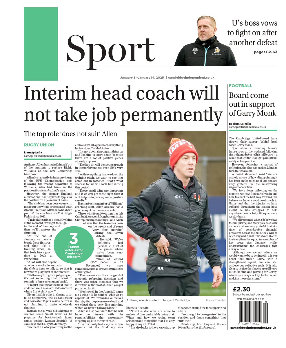 Plenty going on in this week's <a href="/CambridgeIndy/">Cambridge Independent</a> sport pages, which lead on the latest from <a href="/camrufc/">Cambridge Rugby 🏉</a> &amp; #CamUTD 

Much more inside, including <a href="/HistonFC/">Histon Football Club</a>, <a href="/ShelfordRugby/">Shelford Rugby</a> &amp; indoor hockey success for <a href="/cchcuk/">Cambridge City Hockey Club</a>'s junior players