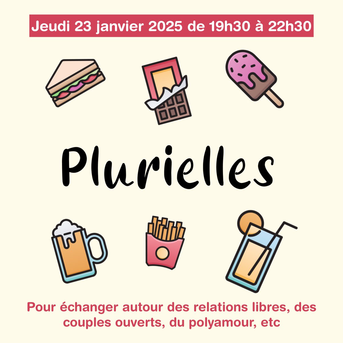 Le Café Plurielles à Dialogai vous permettra d'échanger autour des relations libres, des couples ouverts, de l'échangisme, du polyamour, etc. Gratuit. Apportez vos snacks et boissons. Cet espace n'est pas un lieu de drague.📧 hello@plurielles.ch 🖥 plurielles.ch
