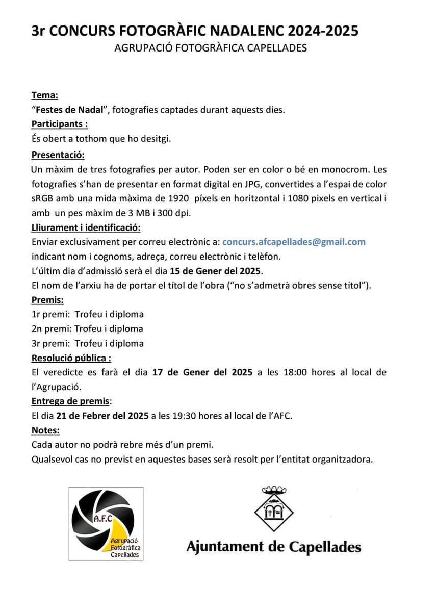 Aquestes festes has tirat moltes fotografies?

Doncs participa al 3r. Concurs Fotogràfic Nadalenc organitzat des de l'Agrupació Fotogràfica Capellades.

Envia les imatges abans del 15 de gener.

Aquí tens les bases 👇