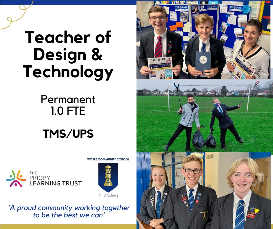 - Teacher of DT -
<a href="/_TPLT_/">The Priory Learning Trust</a> <a href="/WorleCSA/">WCSA</a>

We are delighted to offer the opportunity for an enthusiastic &amp; passionate Teacher of DT to join our high achieving &amp; dedicated team 💫

For more information/to apply, please visit the link below;
bit.ly/3UBWu0S

#Vacancy #WCSA #TPLT