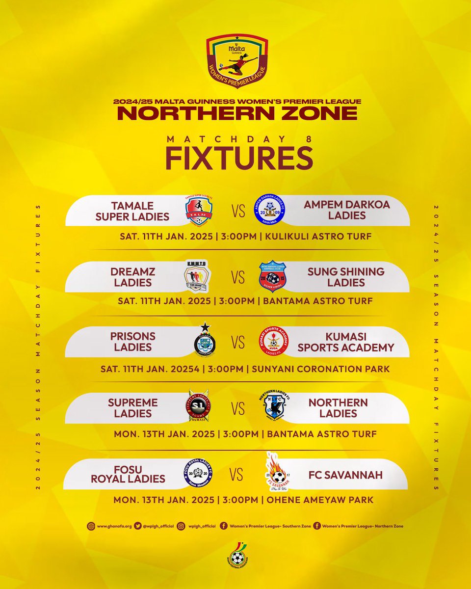 🗣️: Fixtures for week 8🙌🏾

#NorthernZone🔥 | #SouthernZone🔥 

#SheDidThat
#MaltaGuinnessWPL
#BetwayGh |  #WPLwk8