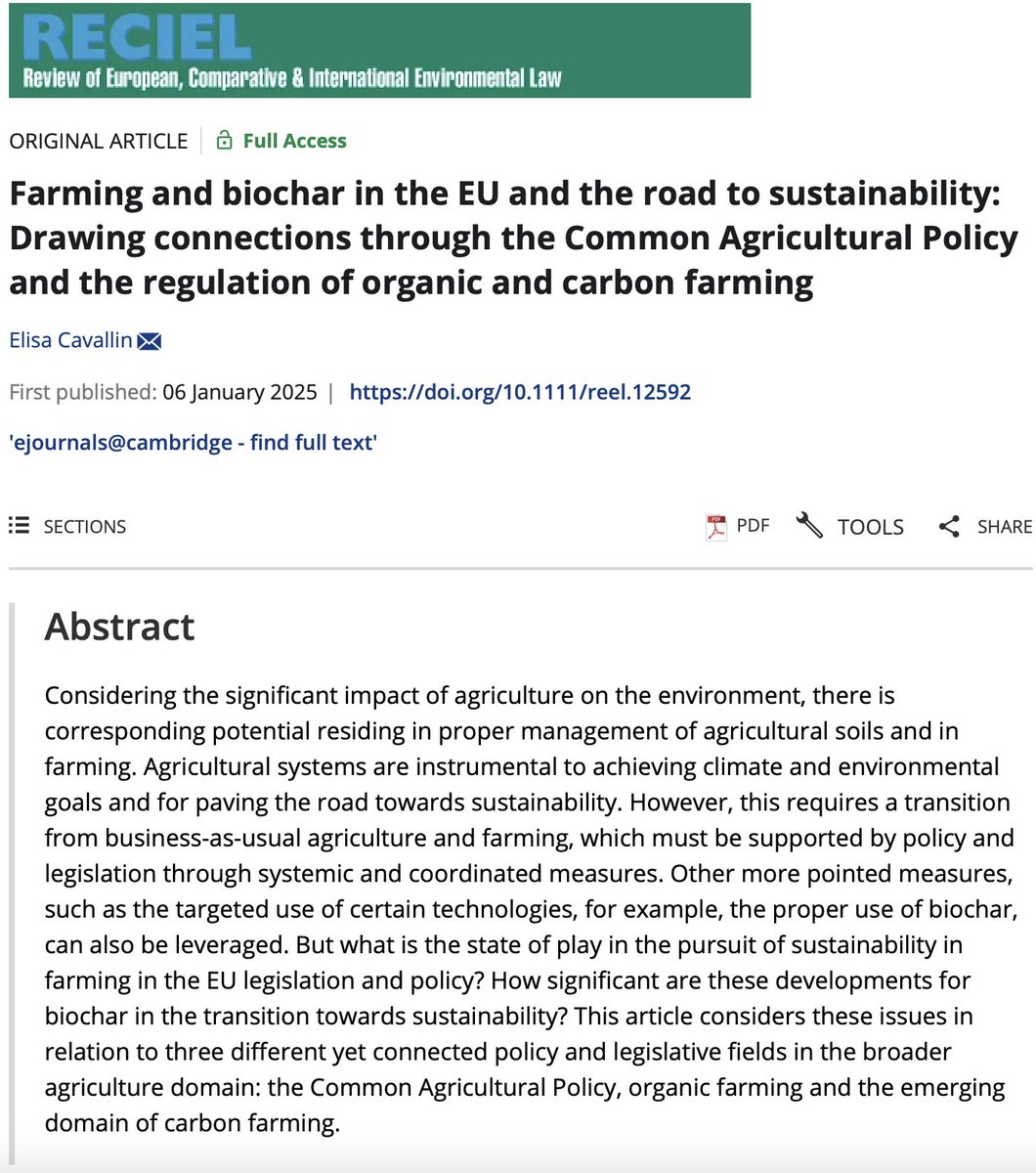 Start your 2025 right! Now available, <a href="/Elisa_Cava87/">Elisa Cavallin</a> examines how biochar and EU law can transform industrial agriculture toward sustainability. A timely analysis of CAP, organic &amp; carbon farming policy intersections. 

Read now: onlinelibrary.wiley.com/doi/full/10.11… 

#Sustainability #Biochar