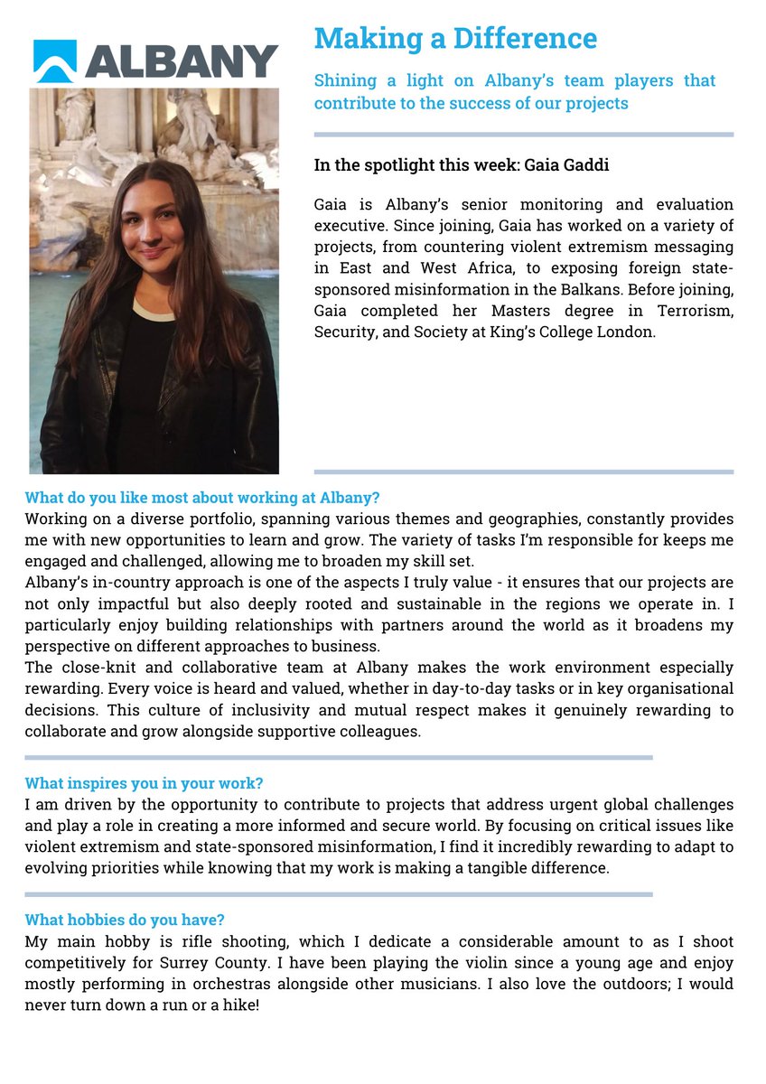 albanyassociate's tweet photo. 🆕 In our latest edition of #MakingADifference, the spotlight is on Gaia Gaddi.

'Making A Difference' is where we champion the team players that make up Albany and celebrate the incredible work they do on projects around the world.

⬇ Read more below! https://t.co/1h931vn2FR
