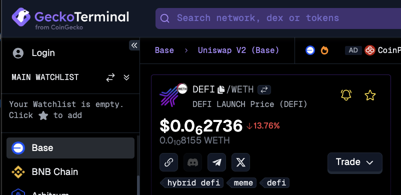 Updated: @CoinGecko / <a href="/GeckoTerminal/">GeckoTerminal</a> has officially verified the $DEFI token, logo, description &amp; category ✅

#hybridDefi #meme #defi #launchpad #base <a href="/base/">Base</a> $DEFI