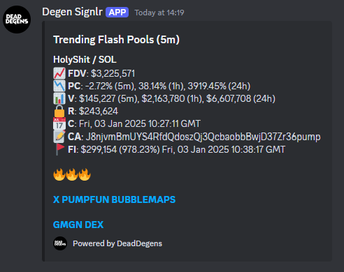 🚨 Degen Signlr Bot is live! 🚨

We're excited to launch our experimental trading bot in our Discord server! 

📊 The bot scans for potential opportunities in real-time and flags them for you. 

Join the degen experiment ➡️ discord.gg/fY2fN9nmux