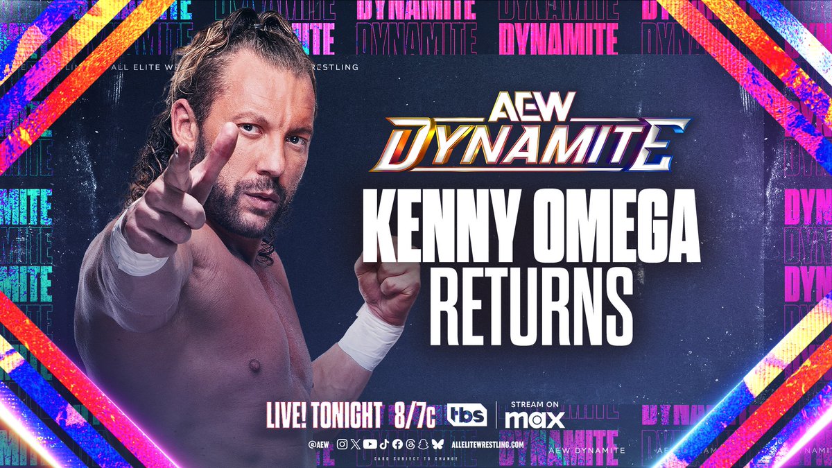 AEW's tweet image. TONIGHT!

#AEWDynamite is LIVE from Clarksville,TN where we’ll welcome back EVP @KennyOmegamanX and so much more on @TBSNetwork AND @SportsOnMax at 8pm ET/7pm CT!
