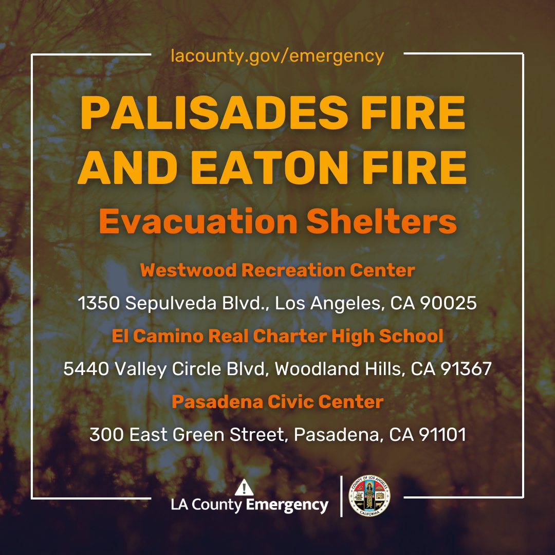 Evacuation shelters have been established for residents impacted by the #PalisadesFire and #EatonFire. Visit lacounty.gov/emergency for more information.