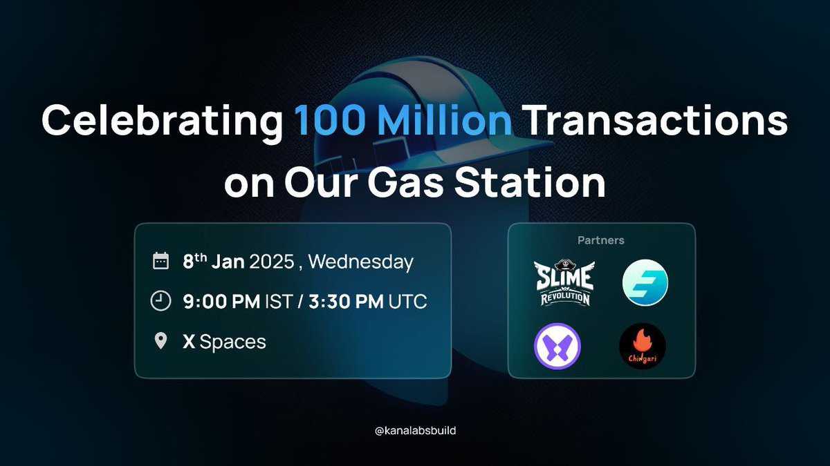 kanalabsbuild's tweet photo. 🎉 Celebrating 100M Txns on our Gas Station!
Join us on X Spaces with our partners @wapal_official, @Chingari_IN & Slime Revolution as we share our journey with integrations & usage🤝
Plus,a special announcement awaits- don’t miss it!
📅 See you there! #BuiltWithKanaBuild https://t.co/g7V4gS3EDm