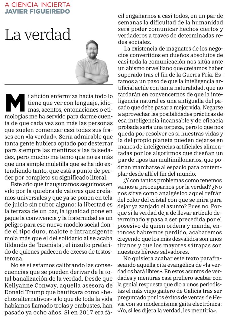 Javier Figueiredo C. 🔻🌻💜🍉 (@javierfc) on Twitter photo Mi columna en <a href="/hoyextremadura/">Diario HOY</a> 👇🏼hoy.es/opinion/javier…
Si los "hechos alternativos" van a sustituir a la verdad, acabaremos en manos de dos magnates a los que no les importará el fin del 🌍 si pueden verlo y 🥂 brindar desde su nave espacial 🚀 . Mi columna en <a href="/hoyextremadura/">Diario HOY</a> 👇🏼hoy.es/opinion/javier…
Si los "hechos alternativos" van a sustituir a la verdad, acabaremos en manos de dos magnates a los que no les importará el fin del 🌍 si pueden verlo y 🥂 brindar desde su nave espacial 🚀 .