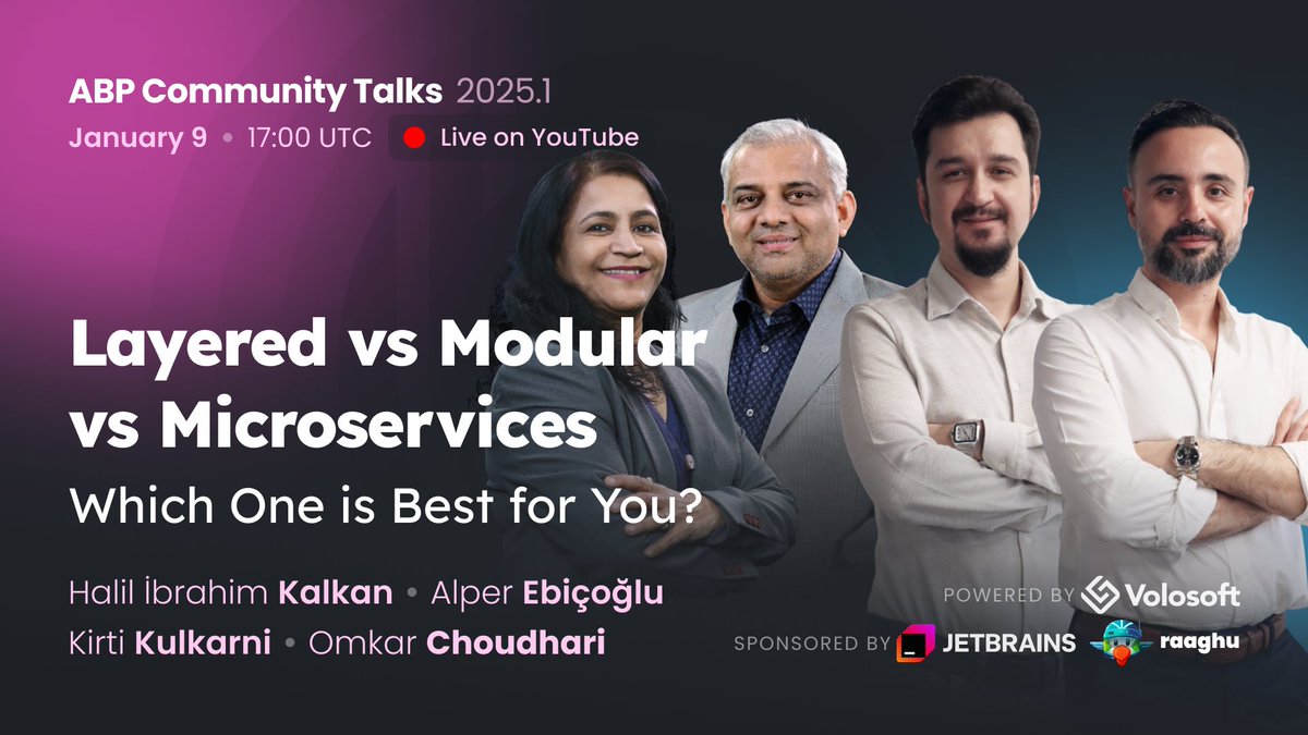 abpframework's tweet image. 📢 Layered, Modular, or Microservices? What works best for your project? 🤔

Join ABP Community Talks tomorrow at 17:00 UTC!
✅ Pros &amp;amp; cons of each
✅ Side-by-side comparison
✅ Live Q&amp;amp;A

Register here 🔗kommunity.com/volosoft/event…

#ABPCommunityTalks #DotNet9