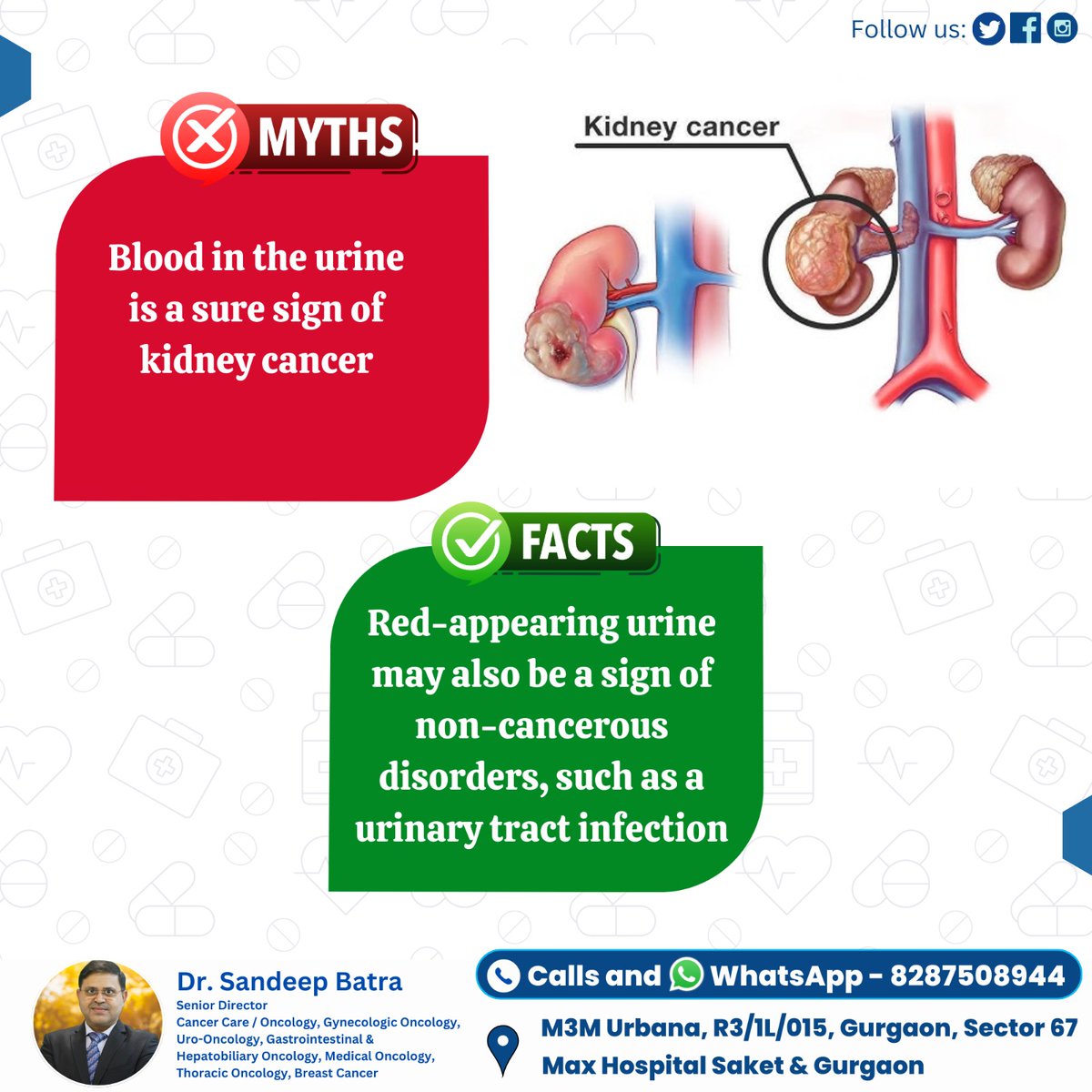Kidney cancer
MYTHS
Blood in the urine is a sure sign of kidney cancer
FACTS
Red-appearing urine may also be a sign of non-cancerous disorders, such as a urinary tract infection

📷Dr. Sandeep Batra
Consultant:- Cancer Expert
Contact us at 📷8287508944