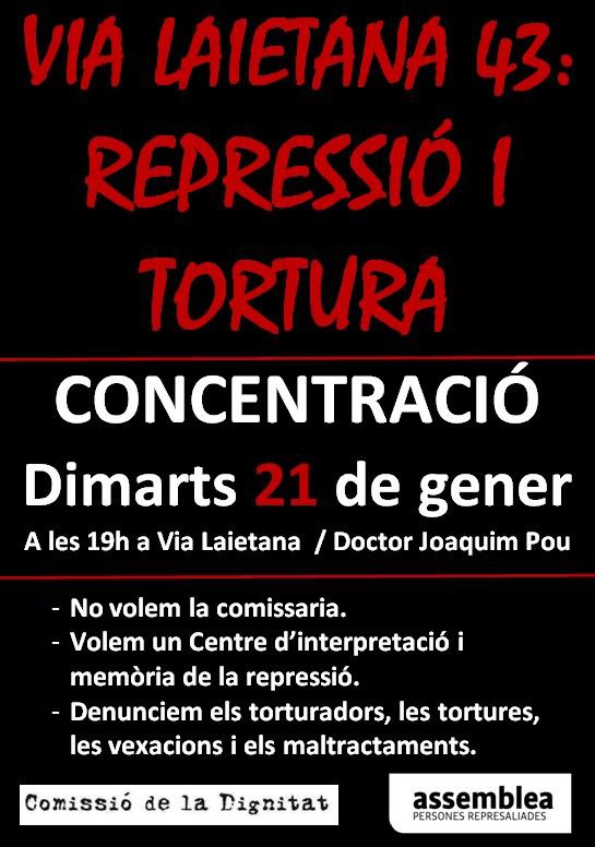 Malgrat diuen que som una democràcia, la repressió continua i la comissaria de Via Laietana n'és un exemple. Des del franquisme fins aran han continuat les tortures, vexacions i maltractes. #ProuRepressió #LluitemiGuanyem #Independència