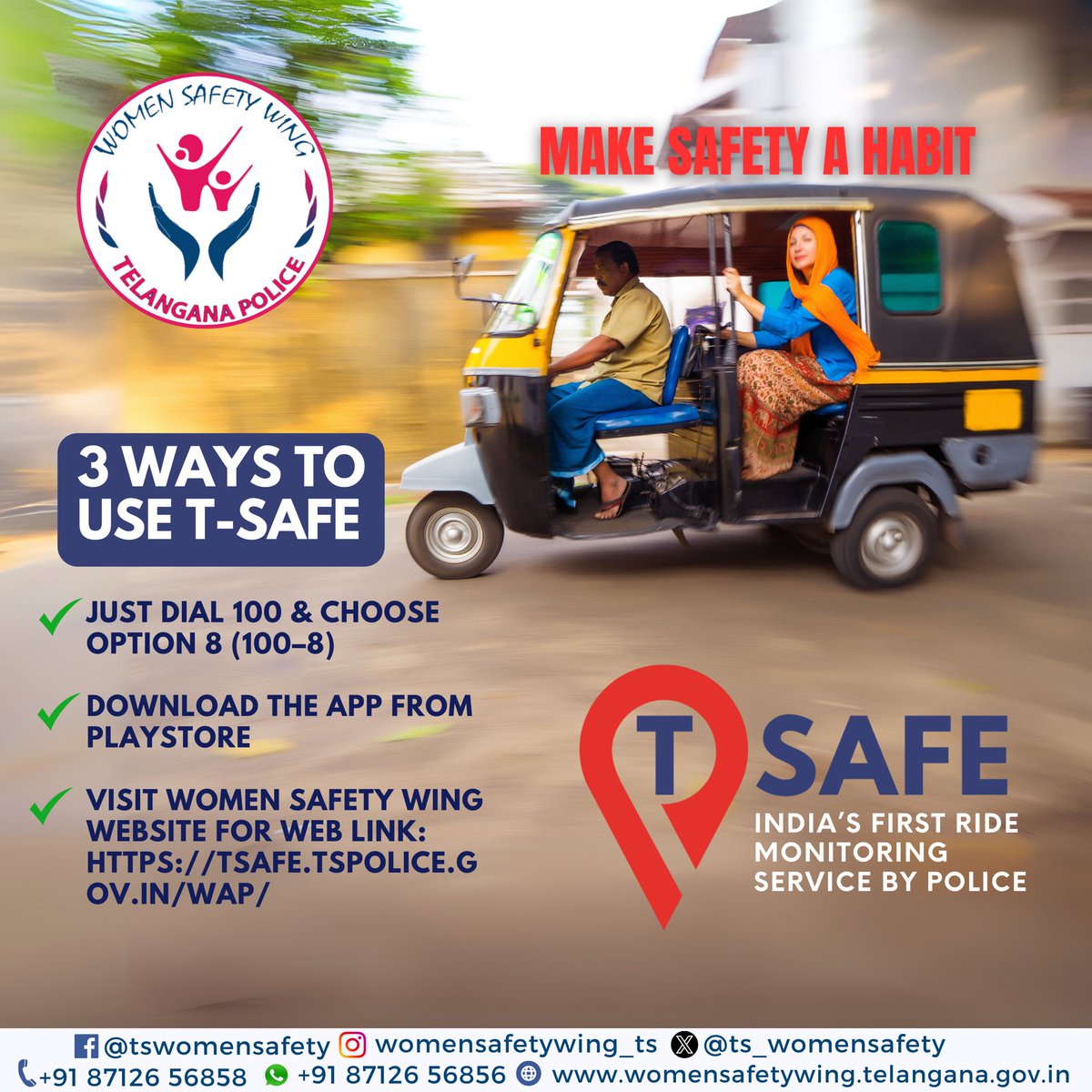 tg_womensafety's tweet photo. 📣MAKE SAFETY A HABIT!💪🏾
Every #Woman can harness the power of #TSafe for safe & secure journeys, does not compulsorily require a smart phone or an app to access it.
#WomenSafetyWing #SheTeams #AHTU #Bharosa #Prideplace #Sahas #Telangana #India https://t.co/5q4eLO0YWu