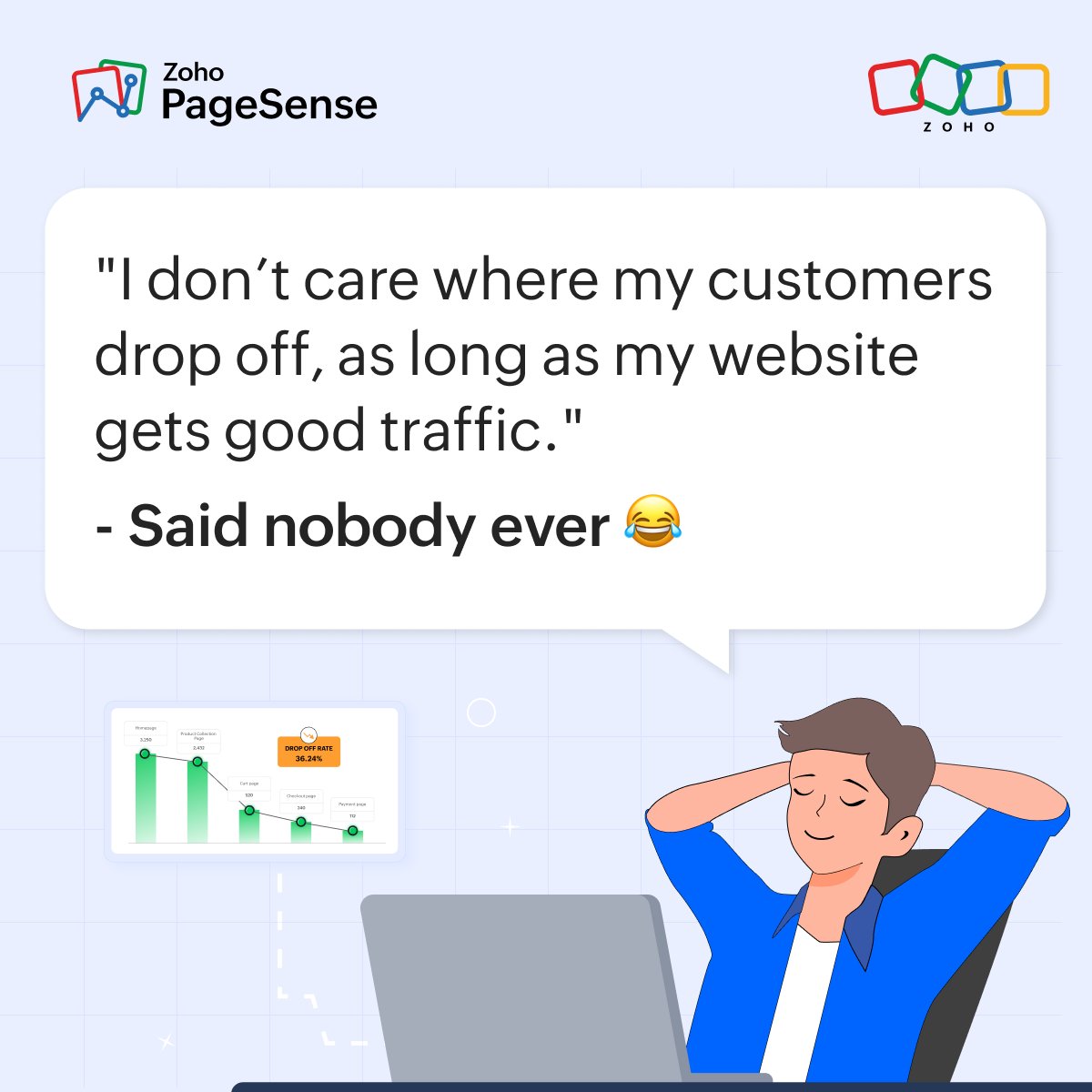 Zoho PageSense (@zohopagesense) on Twitter photo "My website is getting great traffic! The campaigns must be performing well." Are you sure?🤔 Because traffic without conversions is just noise. 
With PageSense, dive into user behavior & top engagement areas to find why visitors drop off. Turn traffic into meaningful actions. "My website is getting great traffic! The campaigns must be performing well." Are you sure?🤔 Because traffic without conversions is just noise. 
With PageSense, dive into user behavior & top engagement areas to find why visitors drop off. Turn traffic into meaningful actions.