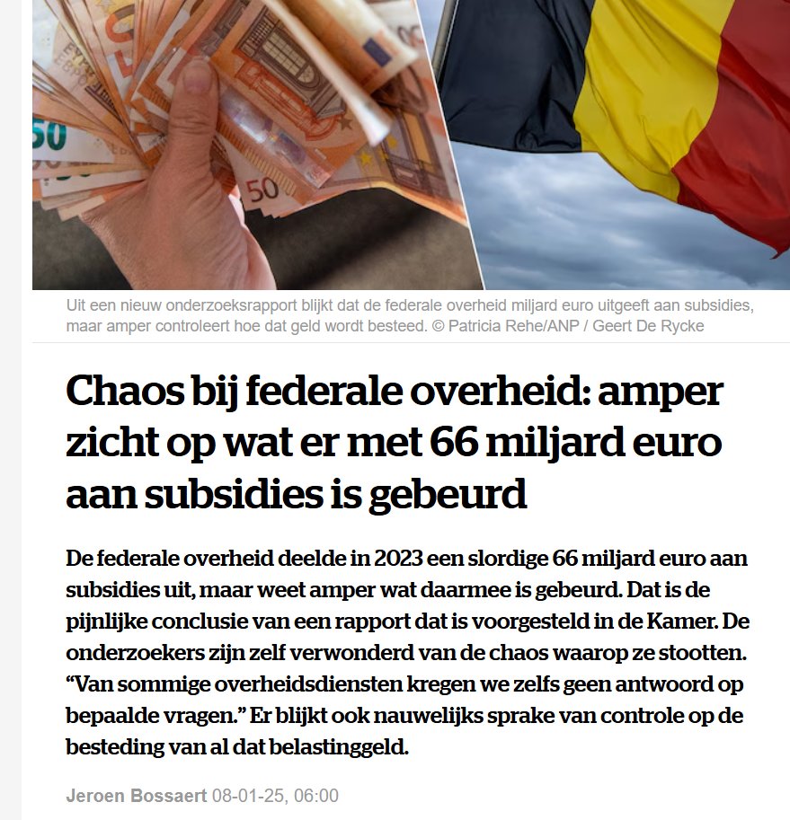 "Chaos bij federale overheid: amper zicht op wat er met 66 miljard euro aan subsidies is gebeurd".   De ernst van de situatie dringt nauwelijks door in dit land:  #goedbestuur