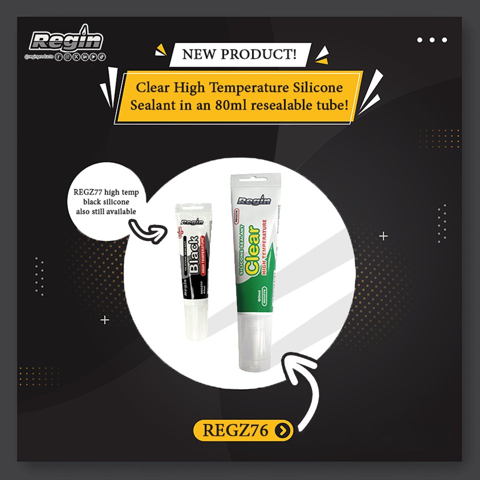 We've added our Clear High Temp silicone to an 80ml tube! Fully resealable and perfect for smaller jobs that don't need a full cartridge of sealant. REGZ77 black still available also!

#REGZ77 #REGZ76 #siliconesealant #hightempsilicone #vanstock #plumbstock #reginproducts