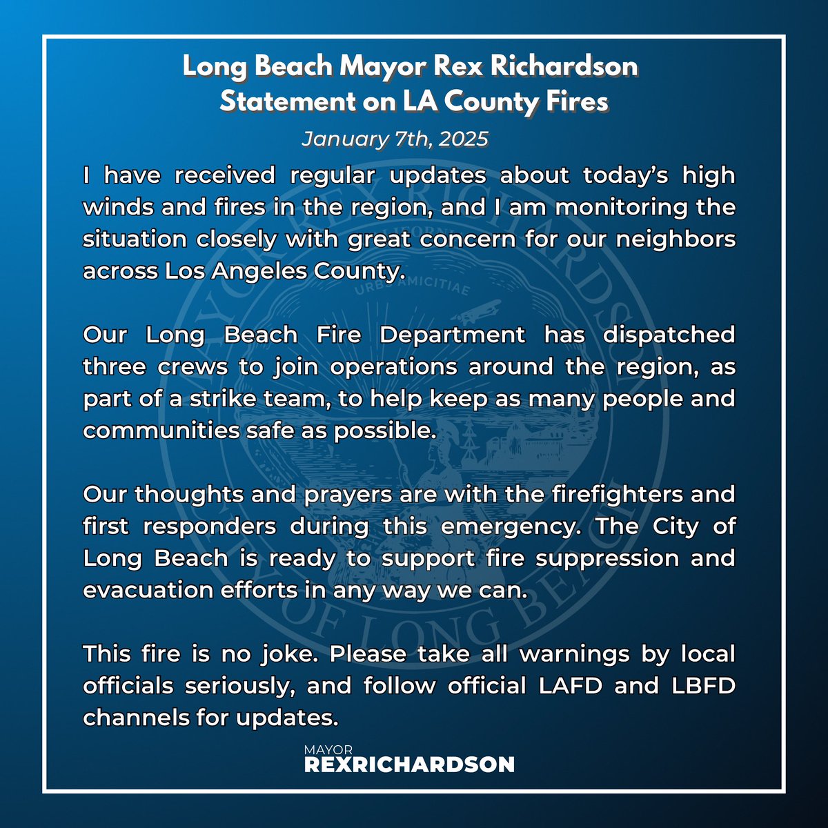 LongBeachMayor's tweet image. I have received regular updates about today’s high winds and fires in the region, and I am monitoring the situation closely with great concern for our neighbors across Los Angeles County.

Our Long Beach Fire Department has dispatched three crews to join operations around the…