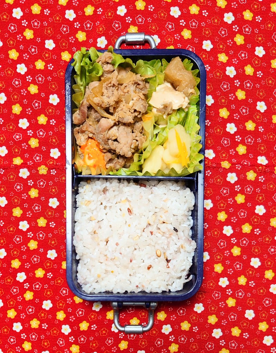 hmrdkr's tweet photo. 旦那さんのお弁当🍱

雑穀入りごはん
豚の生姜焼き
大根と絹揚げの煮物
ゆず大根

今日は豚こま肉を使って生姜焼き。甘み付けに蜂蜜を使ったのでお肉が柔らかいです。味変に豆板醤マヨが良いと聞いたので少し添えてみました😊

#お弁当
#お弁当記録 
#お弁当作り楽しもう部 https://t.co/f2vF6ZUywh