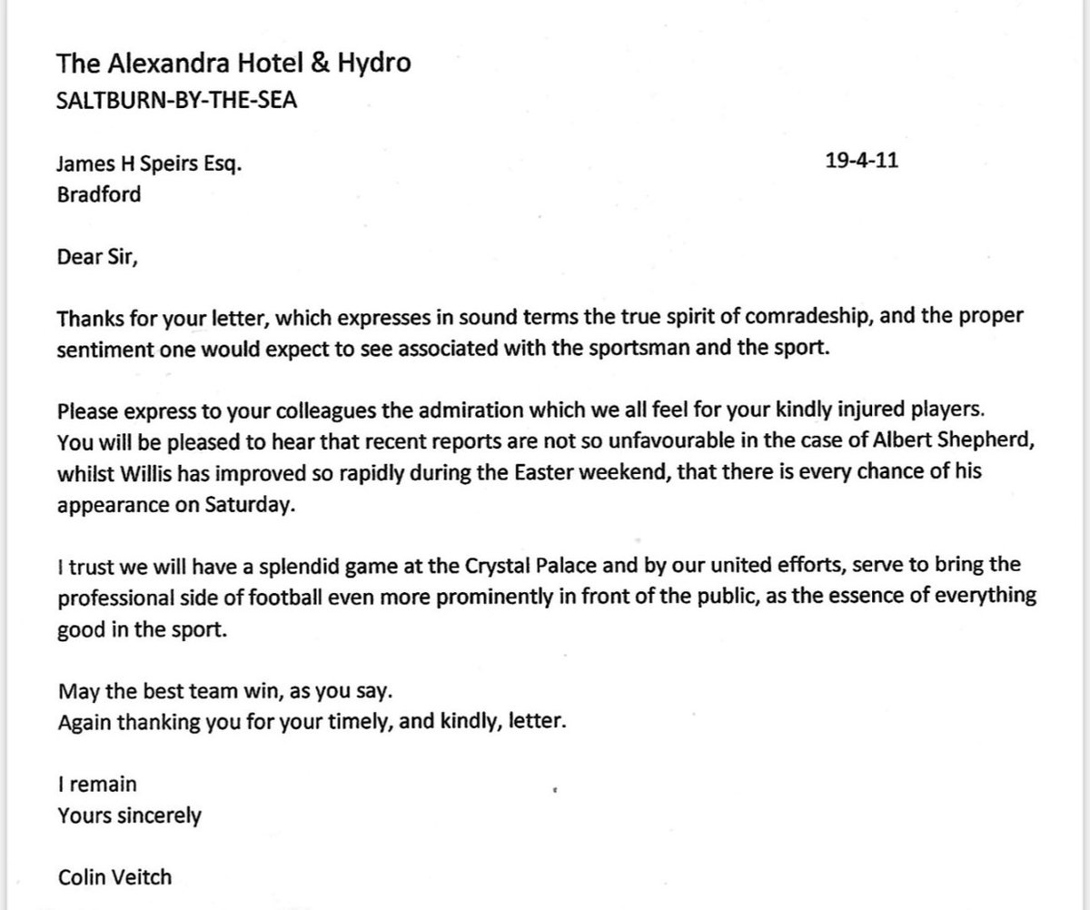 On the back of the Veitch chat yesterday:

Colin Veitch handwritten letter to Bradford captain James Speirs ahead of the 1911 FA Cup final.
What a gent!
#NUFC <a href="/neheritagelib/">North East Heritage Library</a> <a href="/WASNAPPER/">Martin</a> <a href="/toonfootsoldier/">Gareth</a> <a href="/GrahamWatty/">Graham.Watson</a> <a href="/TFMick1892/">Michael Martin</a> <a href="/northumbriana/">Dan Jackson</a>