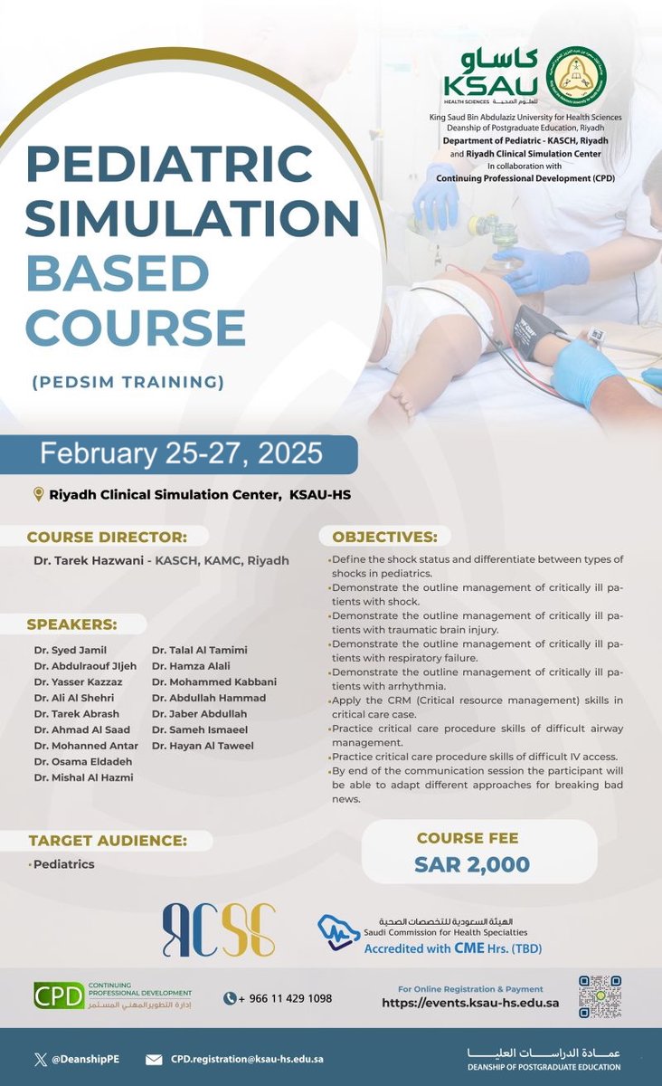 Missed the PedSim Training In January?

We understand securing a spot can be competitive.

Don't miss the next Pediatric Simulation Course (PedSim Training) at RCSC <a href="/rcsc_ksau/">RCSC</a> , Feb 25-27.

Enhance your pediatric skills through immersive simulation experiences.