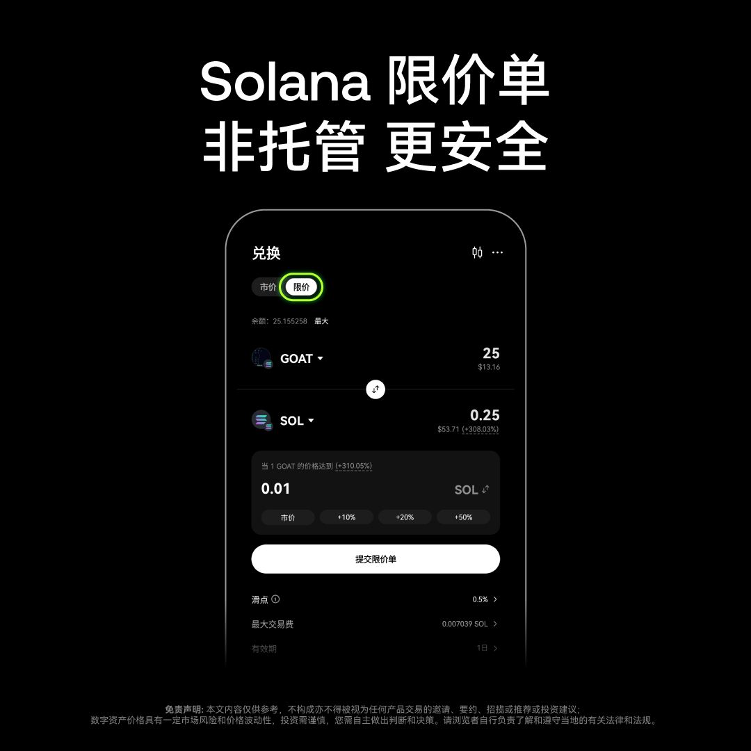 OKX DEX 现已推出Solana限价单！ 🍿 设置参数，由智能合约自动买入卖出⚓️ 用户自托管，去中心化，真正的安全❤️  温馨提示：请将app更新至最新版本，另外Solana限价单需要预留gas，成交或者撤销订单时会把剩余的gas退还给用户