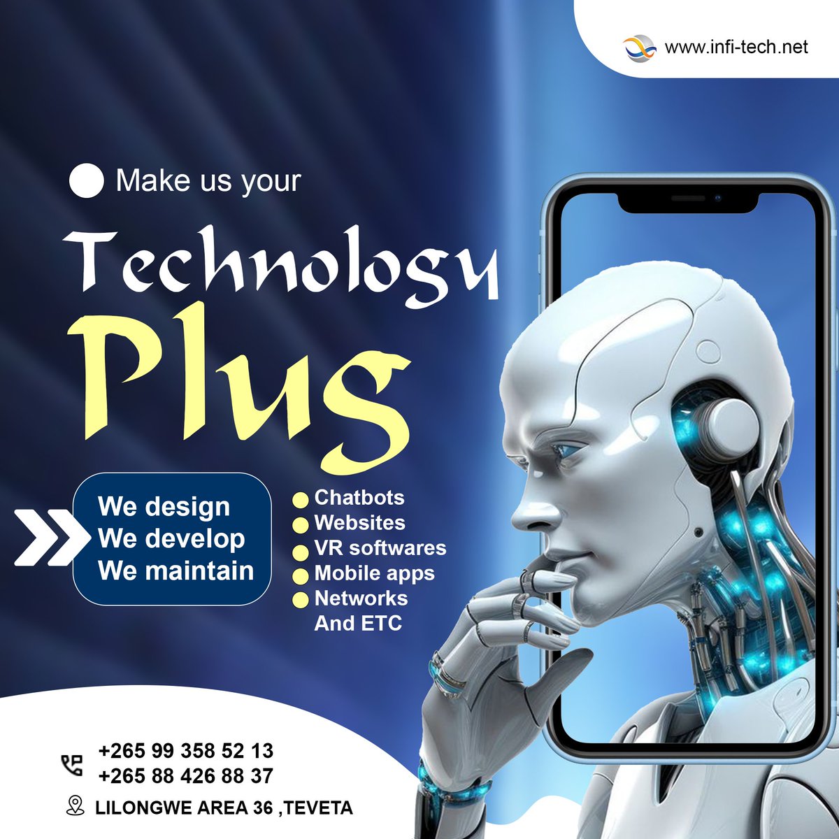 infitechmw's tweet image. Your one-stop Technology Plug! 

📍 Our Location: Lilongwe Area 36, Teveta
📞 Contact Us: +265 99 358 52 13 | +265 88 426 88 37
🌐 Visit Us: infi-tech.net

#TechnologyPlug #WebDevelopment #VRSoftware #MobileApps #Networking #ChatbotDevelopment #InfiTech #MalawiTech