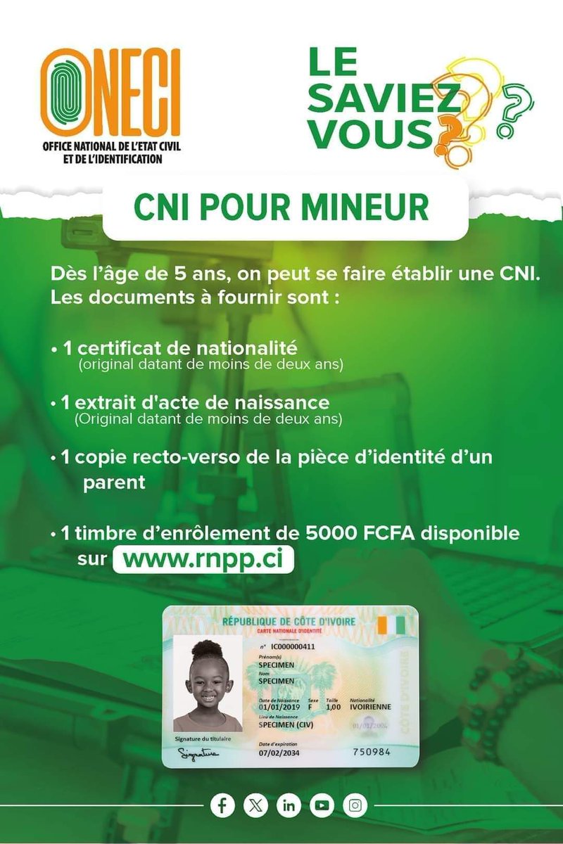 𝐎𝐍𝐄𝐂𝐈| 𝐂𝐍𝐈 𝐏𝐎𝐔𝐑 𝐌𝐈𝐍𝐄𝐔𝐑

La Carte Nationale d’Identité (CNI) est un document d'identification officiel qui atteste de l'identité d’une personne. Les Ivoiriens âgés de 05 ans au moins peuvent également bénéficier d’une carte nationale d’identité, conformément à la
