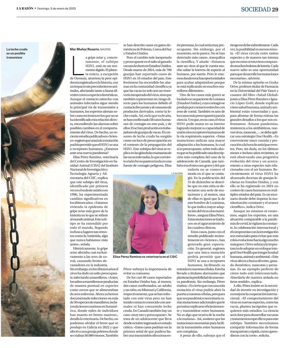 Entrevista en <a href="/larazon_es/">La Razón</a> sobre #GripeAviar. 
"Con una mutación el virus podría acceder mejor a nuestras células pero para una pandemia hacen falta otras mutaciones simultáneas que faciliten transmisión entre humanos. Aun así, no hay que bajar la guardia, está cada vez más cerca"