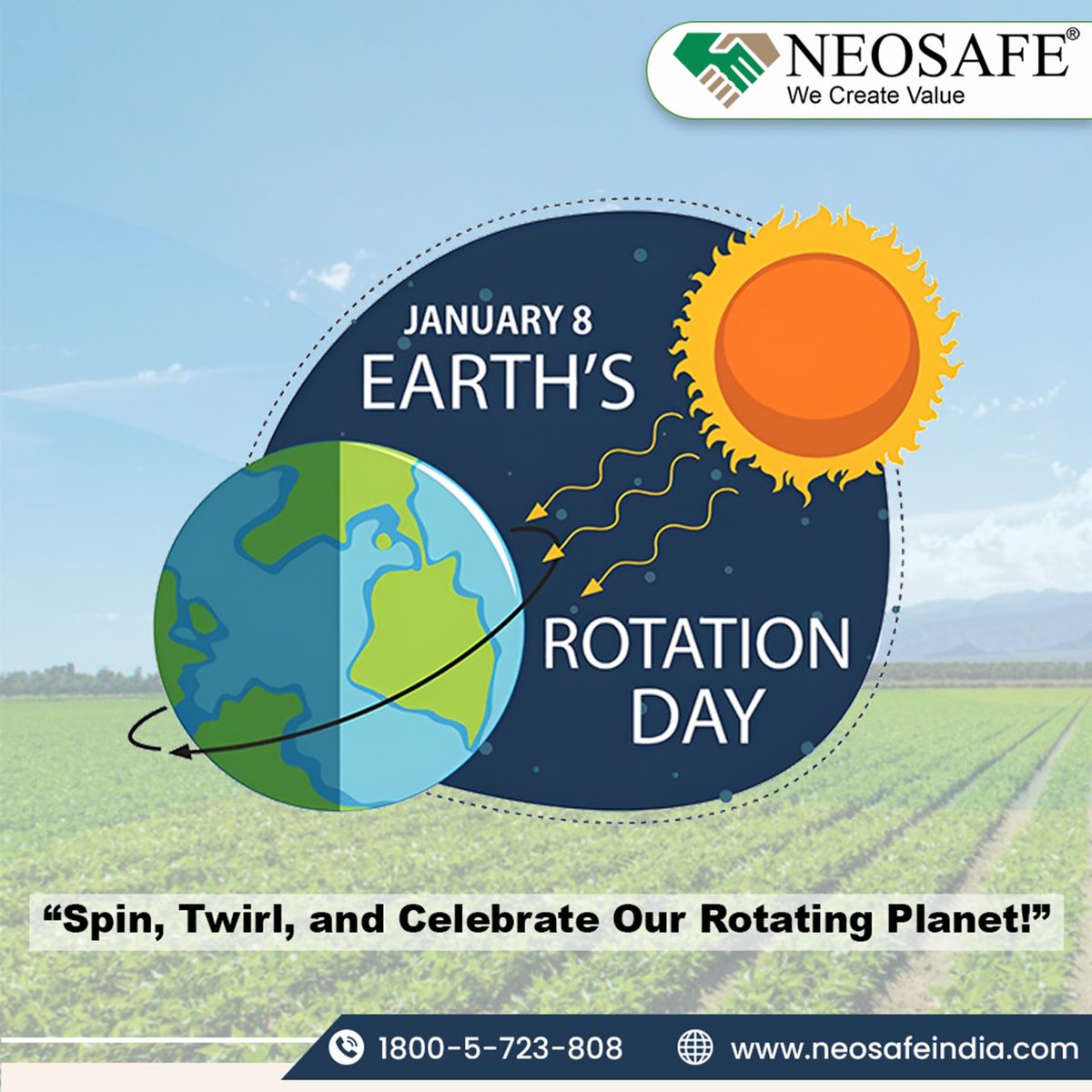 NeosafeChemical's tweet photo. ☀️ The Earth spins, and so do our dreams! 🌍💫 Let's take a moment to appreciate the rhythmic motion of our planet on Earth's Rotation Day! 🌞🌙 
.
.
#Neosafe #NeosafeChemicals #NeosafeIndia #Agriculture #Agro #EarthsRotationDay #PlanetEarth #CelebrateEarth #ScienceOfRotation https://t.co/iJ24TsIGWZ