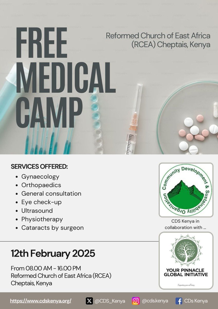 Don’t miss this opportunity for quality healthcare services at no cost. Let’s build a healthier community together! #Freemedicalcamp #Communityhealth #CDSKenya #Medicaloutreach #Wellnessandcare #Kenyahealth #Communitysupport
#Supportingyourwellbeing #YPGInitiative