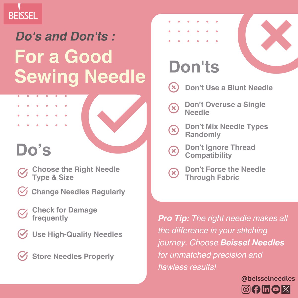 beisselneedles's tweet photo. When it comes to sewing, your needle is your best friend — but are you treating it right? 🤔💡
#DosandDonts #NeedleCare #BeisselNeedles #SewingEssentials #StitchPerfect #CraftingCommunity #SewingMachine #DIYProjects #SewingHacks #CreativeSewing #SewingTools #SewingLife https://t.co/HhDPDWHmmI