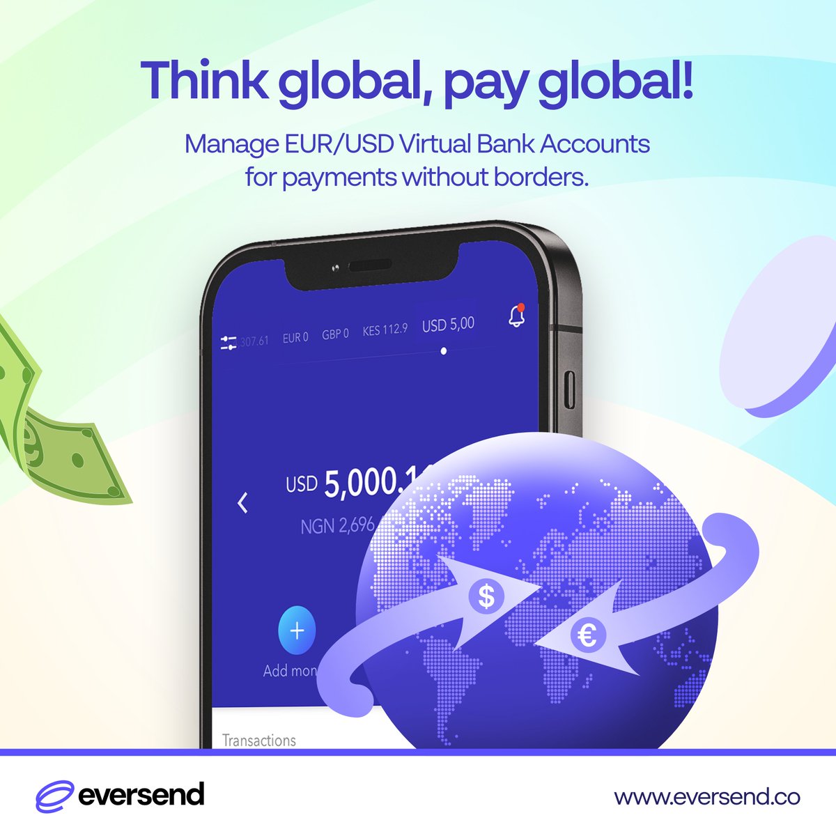 ✨ Your global wallet! Eversend EUR/USD virtual bank accounts simplify  global payments worldwide—secure, affordable, flexible, and made for you.  Get one for FREE Today!😇 #Eversend #VirtualBankAccounts #GlobalPayments