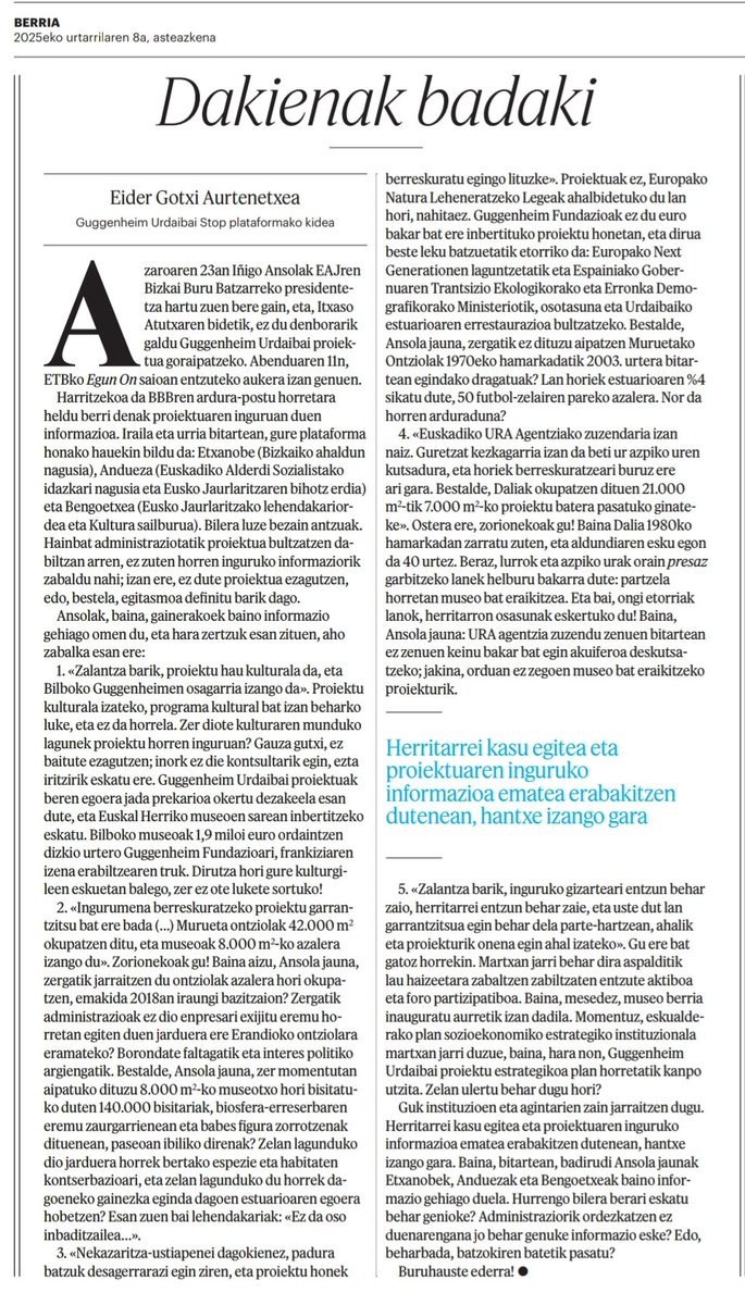 Nork dauka proiektuaren inguruko informazioa? Instituzioetako ordezkariek ez baina alderdi politiko bateko ordezkariek bai?
Non erabakitzen dira proiektuak?
berria.eus/iritzia/artiku…