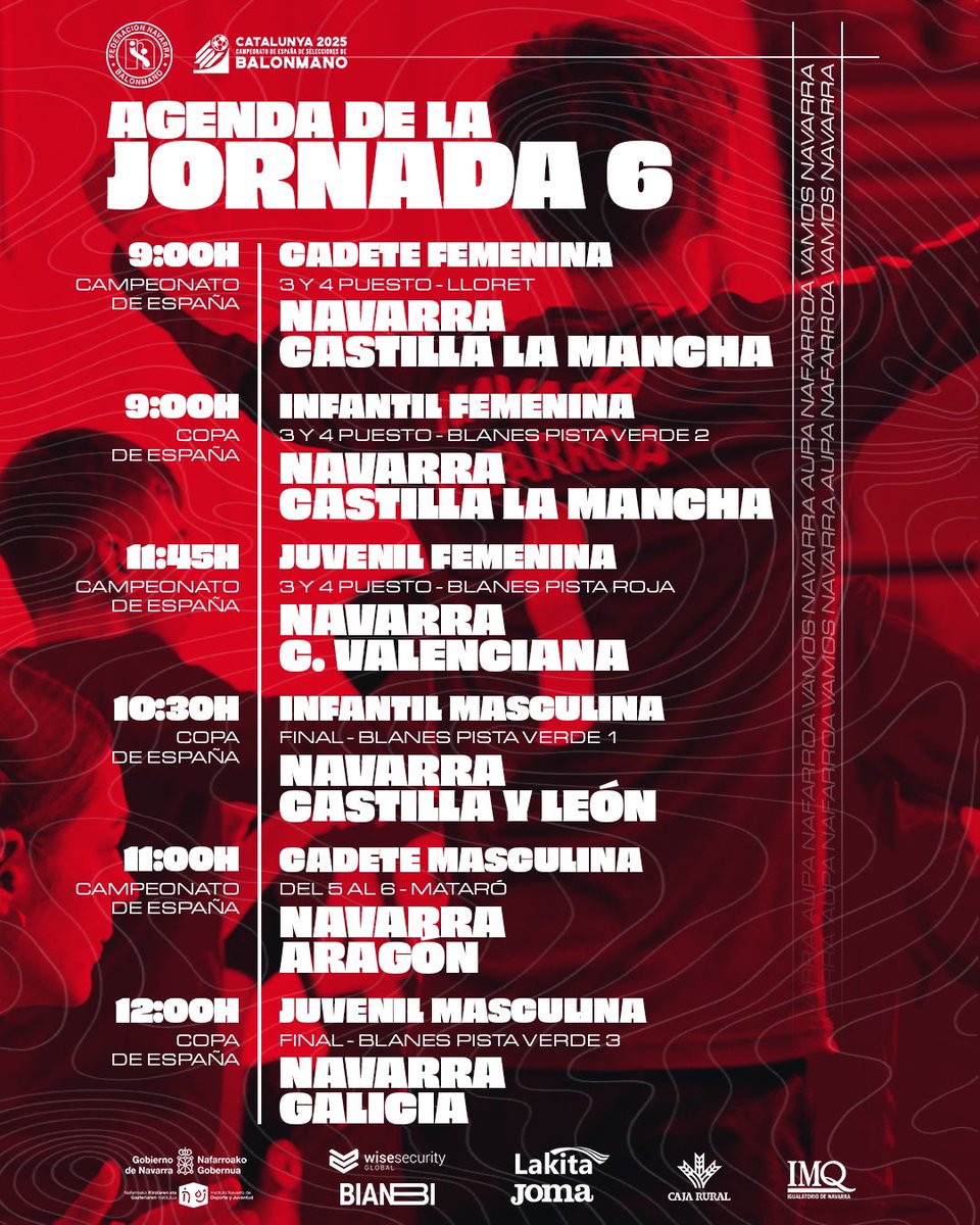 Federación Navarra de Balonmano (@fnbalonmano) on Twitter photo 📰 | AGENDA JORNADA 6 
Último día de Campeonato. Disfrutemos de los seis últimos partidos. Aquí horarios, rivales y pistas. ¡HASTA EL FINAL! ❤️🙌🏼💪🏼 📰 | AGENDA JORNADA 6 
Último día de Campeonato. Disfrutemos de los seis últimos partidos. Aquí horarios, rivales y pistas. ¡HASTA EL FINAL! ❤️🙌🏼💪🏼