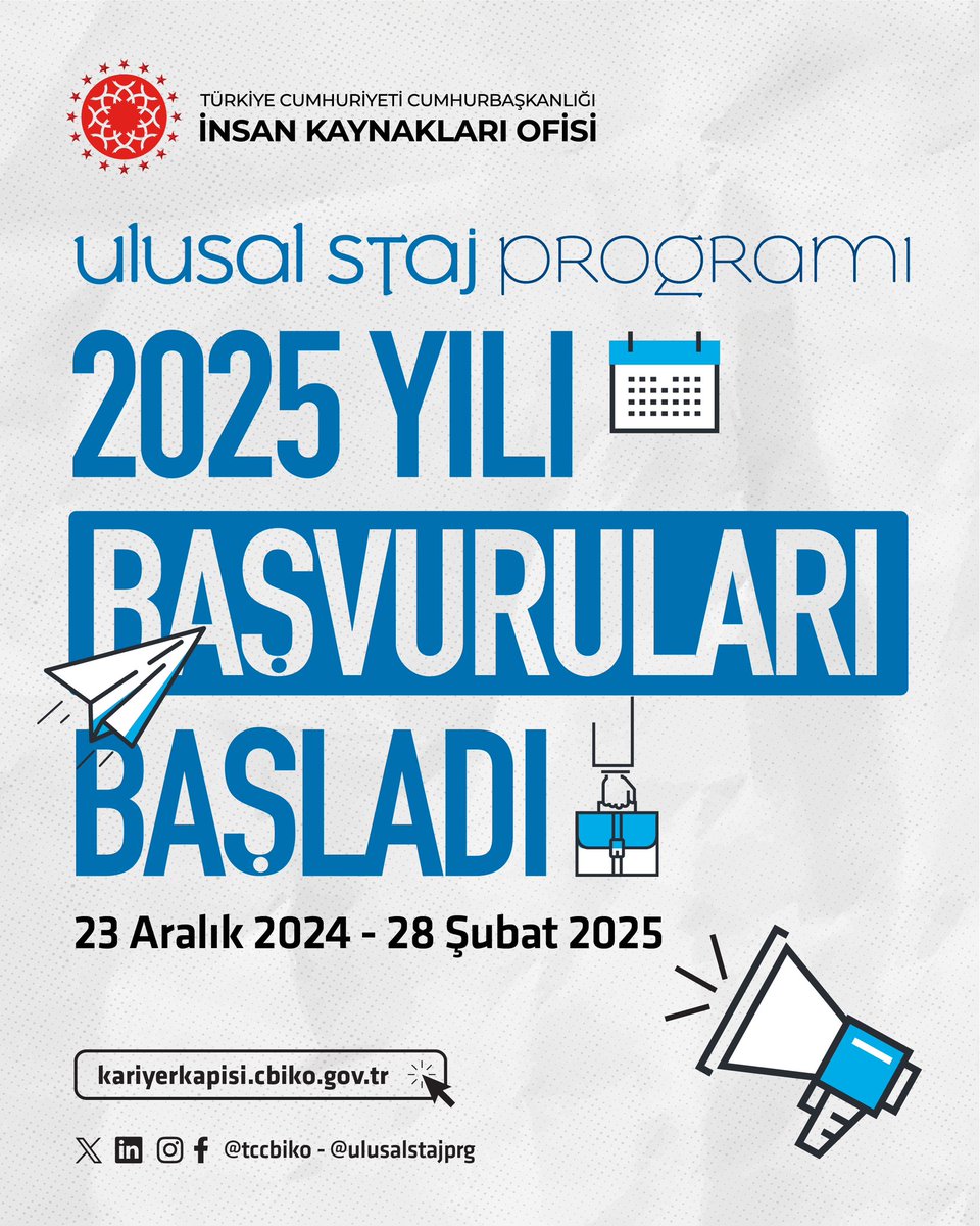 aksarayedutr's tweet image. 📢 Ulusal Staj Programı başvuruları devam ediyor❗️

Cumhurbaşkanlığı İnsan Kaynakları Ofisi himayesinde yürütülen programda son başvuru tarihi 28 Şubat 2025‼️

Başvuru için👉 kariyerkapisi.cbiko.gov.tr/ulusalstajprog…

#UlusalStajProgramı 

@tccbiko @ulusalstajprg @kariyerasu @kariyerkapisi