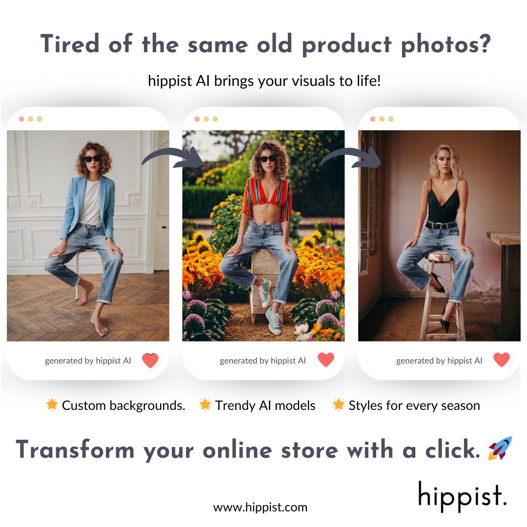 hippistAI's tweet image. Tired of the same old product photos? 🤔

hippist AI brings your visuals to life!

🌟 Custom backgrounds
🌟 Trendy AI models
🌟 Styles for every season

Transform your online store with a click. 🚀

#AIForEcommerce #VisualGameChanger