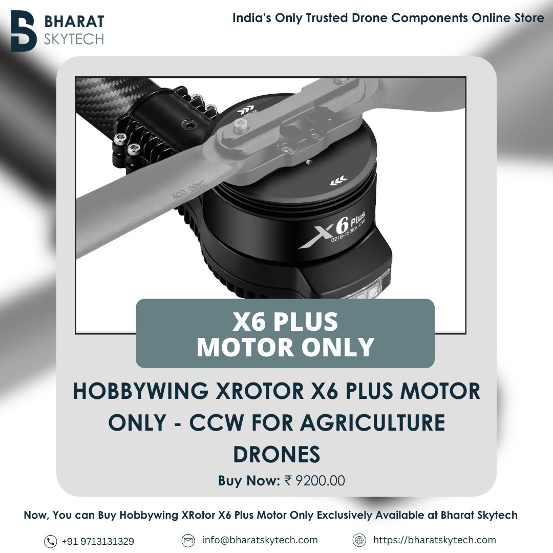 bharatskytech's tweet image. Upgrade Your Agriculture Drone with the Hobbywing XRotor X6 Plus Motor – CCW! 
Delivering 11.9kg thrust and IPX7 waterproofing, this motor ensures powerful performance and durability in tough conditions. 

#DroneComponents #HobbywingX6Plus #AgricultureDrones #BharatSkytech