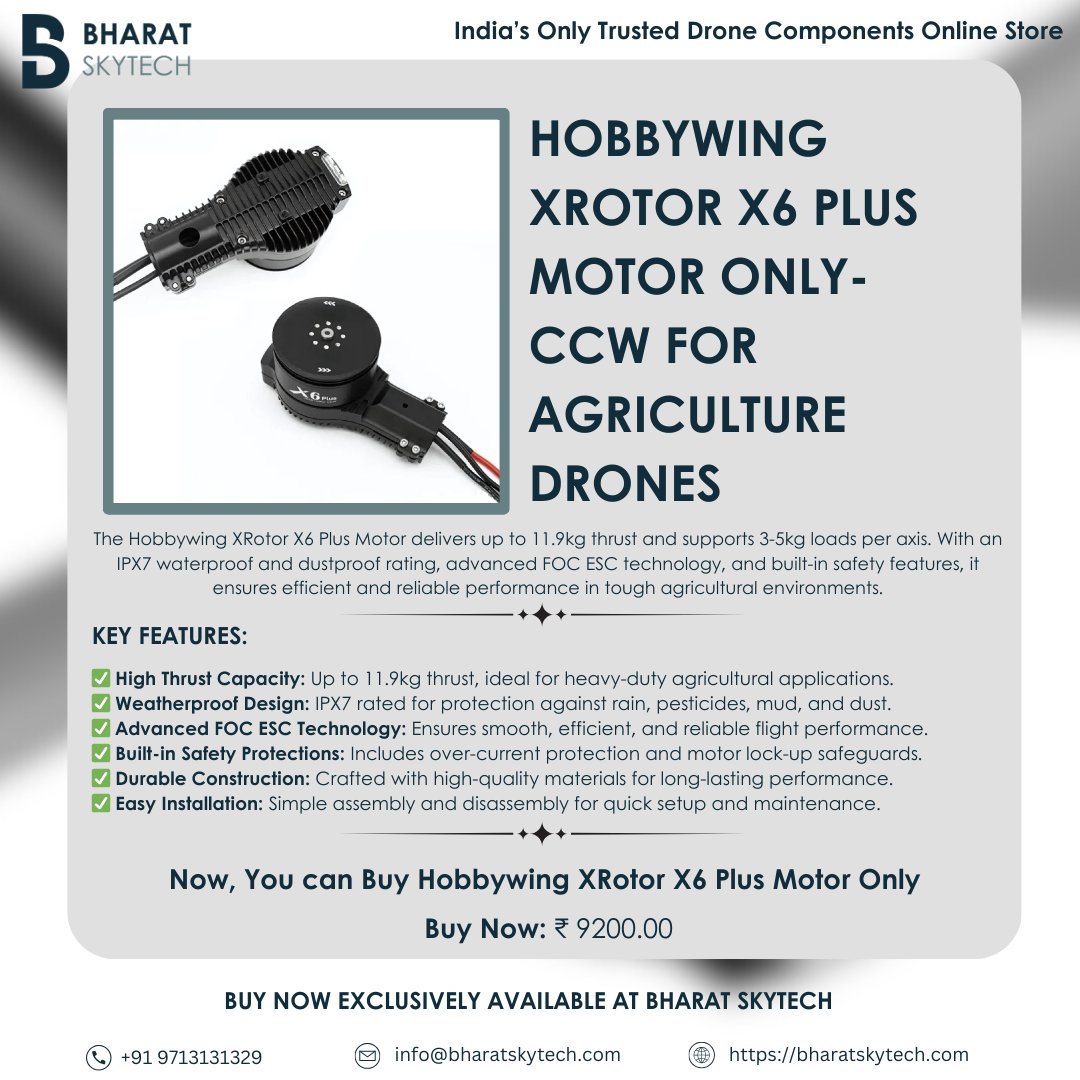 bharatskytech's tweet image. Upgrade Your Agriculture Drone with the Hobbywing XRotor X6 Plus Motor – CCW! 
Delivering 11.9kg thrust and IPX7 waterproofing, this motor ensures powerful performance and durability in tough conditions. 

#DroneComponents #HobbywingX6Plus #AgricultureDrones #BharatSkytech