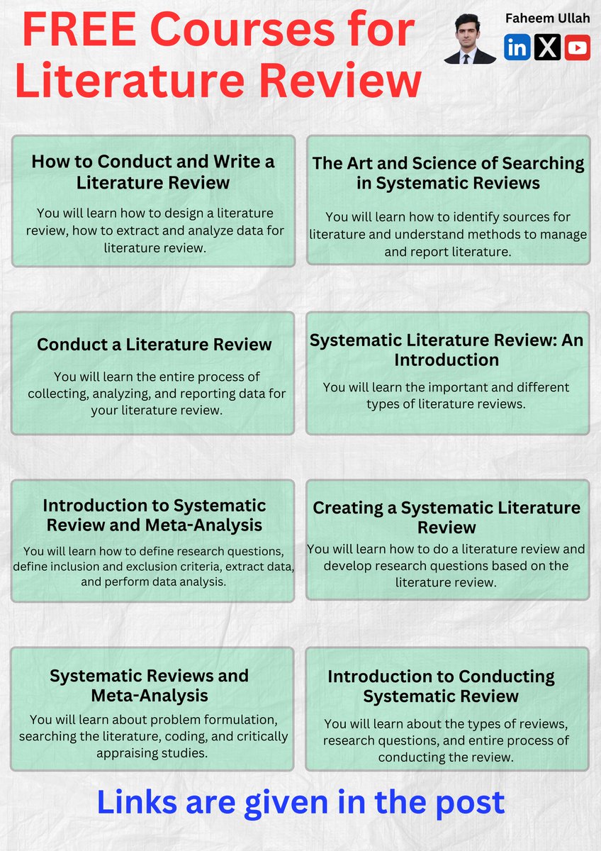 Faheem Ullah (@faheem_uh) on Twitter photo PhD Students - 8 FREE courses on how to do a literature review.
๐. ๐๐จ๐ฐ ๐๐จ ๐๐จ๐ง๐๐ฎ๐๐ญ & ๐๐ซ๐ข๐ญ๐ ๐ ๐๐ข๐ญ๐๐ซ๐๐ญ๐ฎ๐ซ๐ ๐๐๐ฏ๐ข๐๐ฐ
You will learn how to design a literature review, how to extract and analyze data for literature review.
Link: PhD Students - 8 FREE courses on how to do a literature review.
๐. ๐๐จ๐ฐ ๐๐จ ๐๐จ๐ง๐๐ฎ๐๐ญ & ๐๐ซ๐ข๐ญ๐ ๐ ๐๐ข๐ญ๐๐ซ๐๐ญ๐ฎ๐ซ๐ ๐๐๐ฏ๐ข๐๐ฐ
You will learn how to design a literature review, how to extract and analyze data for literature review.
Link: