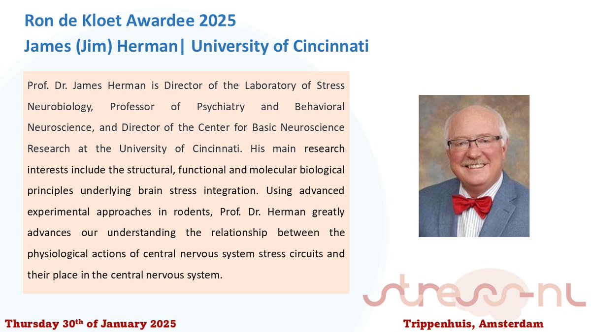 We are excited to introduce Prof. Dr. James Herman, Ron de Kloet Award winner and speaker <a href="/Stress_NL/">STRESS-NL</a> Symposium 2025!