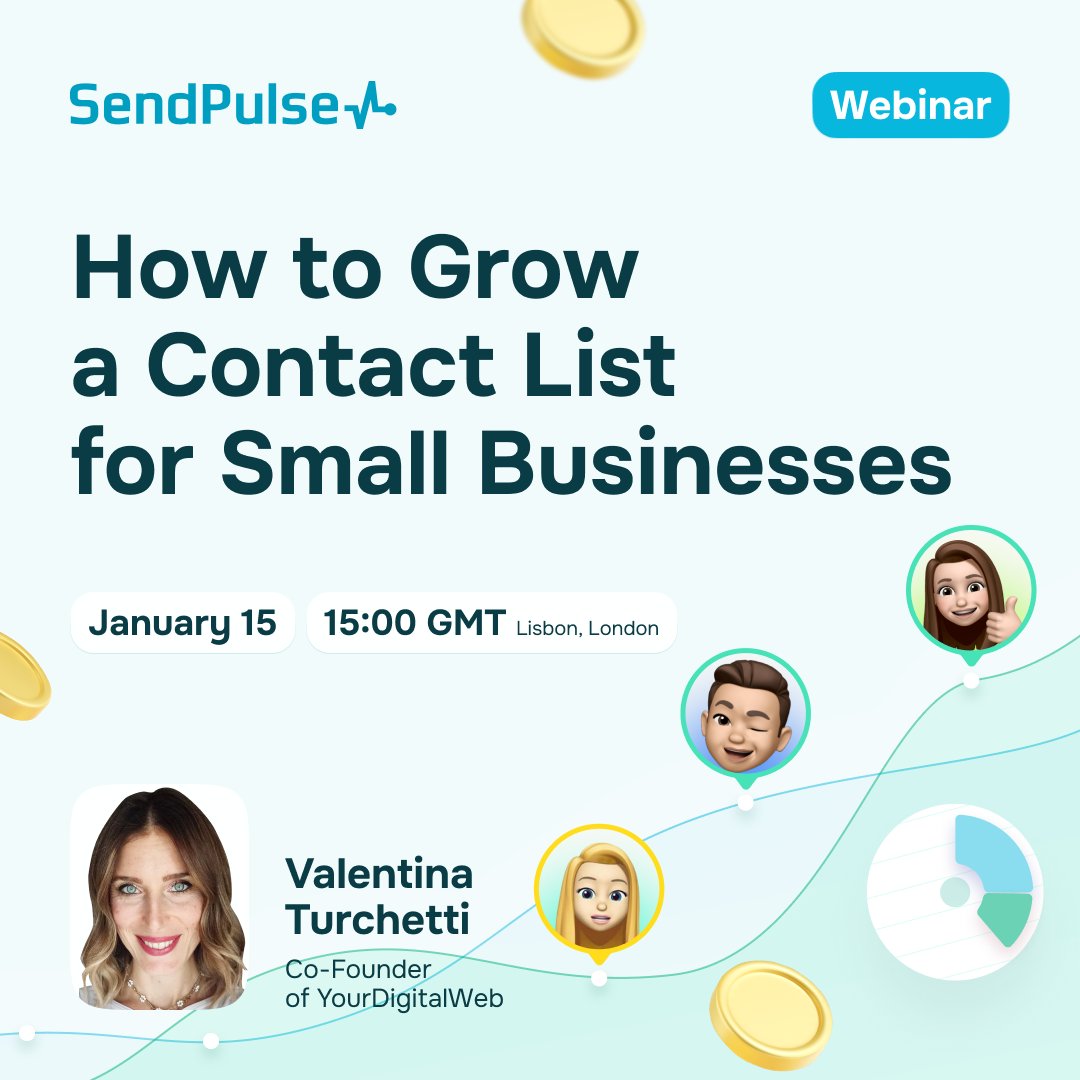 FREE WEBINAR: How to grow a Contact List for Small Businesses?

I'll will be talking about:
📩 How to set up your #LeadGeneration strategy
📩 How to create an effective landing page
📩 How to create a #contentstrategy for your list

webinar.sendpulse.com/grow-contact-l… <a href="/SendPulseCom/">SendPulse</a>