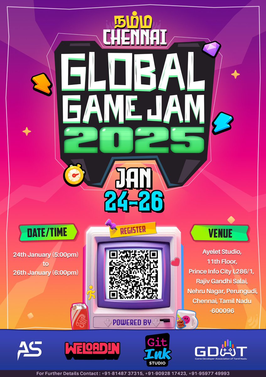 2025! 🎮🌍

The <a href="/globalgamejam/">GlobalGameJam</a> is happening in Namma Chennai

👉 Register Now: globalgamejam.org/jam-sites/2025…

Seats are limited, so secure your spot

Join our WhatsApp Group for more updates: chat.whatsapp.com/HeKDQY8HLwT8ef…

<a href="/gitinkstudio/">GitInk Studio</a> <a href="/StudioAyelet/">Ayelet Studio</a> 

#GGJ25 #GGJIndia #gamedev