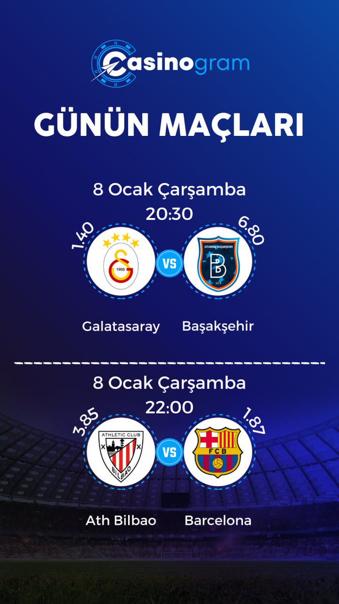 casinogramtr's tweet photo. 🔥 Günün Maçları En Çekici Oranlarla Casinogram'da!🏆

🕘 Maçlar:
20:30 Galatasaray  - Başakşehir
22:00 Ath. Bilbao - Barcelona 

100 TL Deneme Bonusu!🎉
20.000 TL Hoş Geldin Bonusu!📺
%20'ye varan Spor Kayıp Bonusu!🏆

🔥 LİNK BİODA🔥

#Casinogram #GününMaçı #Galatasaray #Barca https://t.co/TeK3CMJZJC