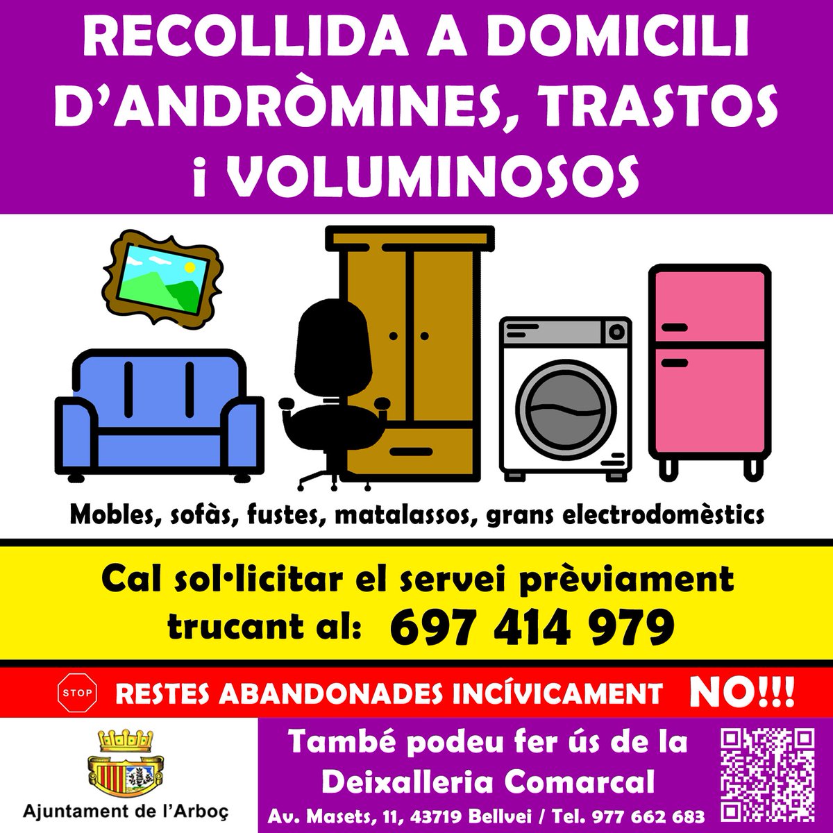 📢 Aquest dijous hi ha recollida de trastos vells i andròmines! ♻️

Truqueu prèviament al telèfon 697 41 49 79 per gestionar-ho.

Deixeu-los davant de casa el dimecres a la nit.

La nova empresa els recollirà dijous al matí.

#informació #lArboç #ajuntamentdelarboç