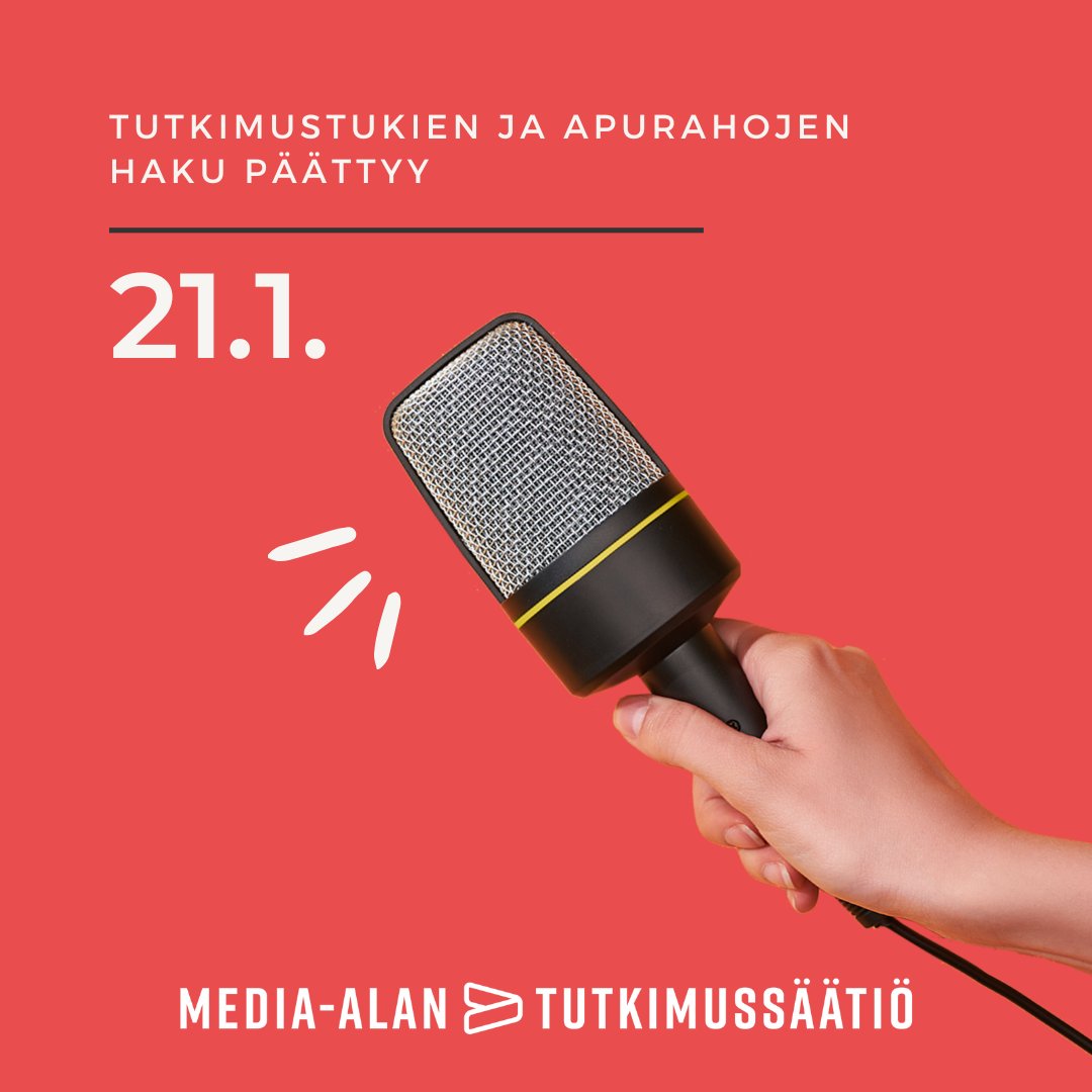 Vuoden ensimmäinen haku media-alan tutkimustuille sekä apurahoille on käynnissä ja päättyy tiistaina 21. tammikuuta.

Lue lisää ja hae tukea:
mediaalantutkimussaatio.fi/tutkimustuki-a…

#apuraha #säätiötekoja