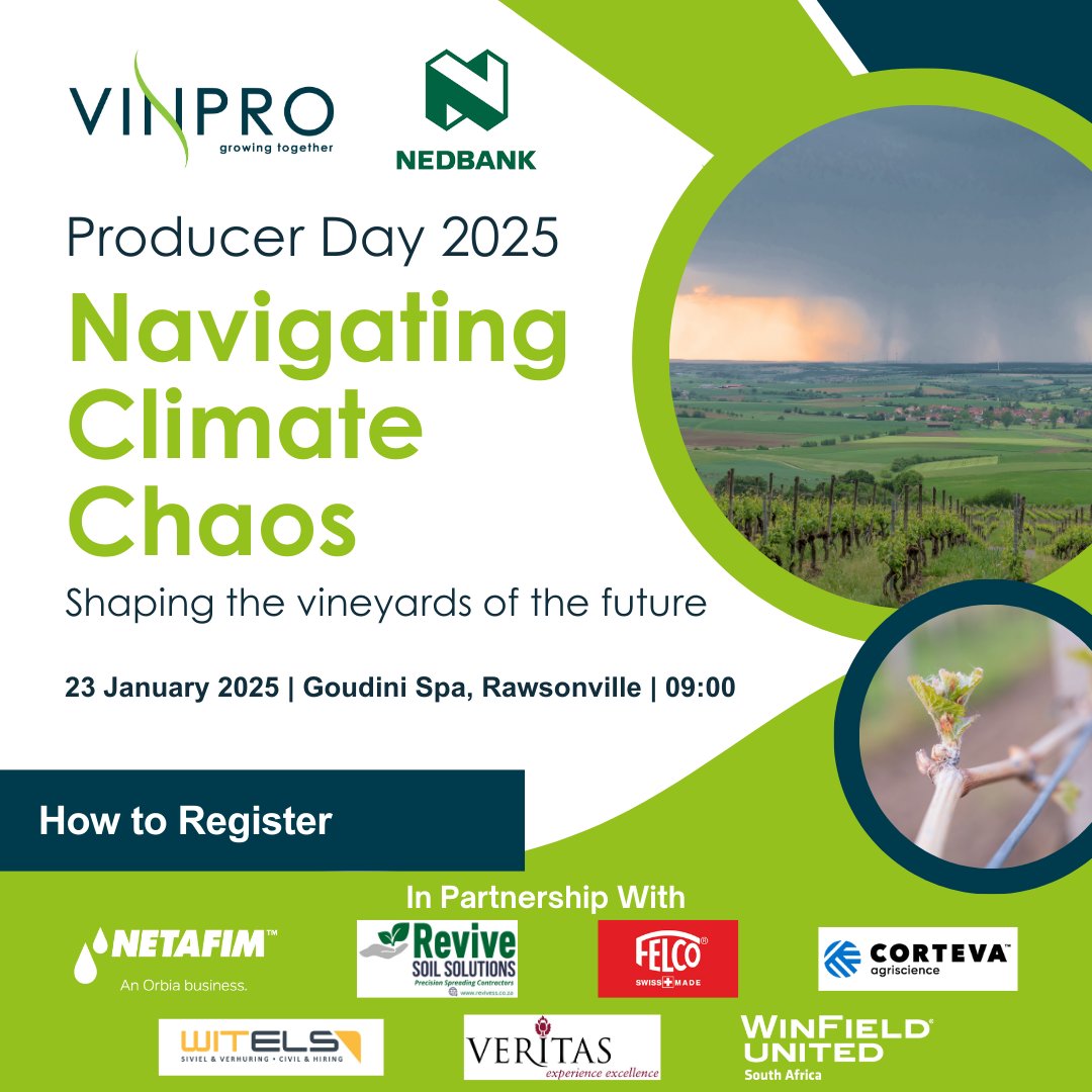 Vinpro_za's tweet photo. 🚨 Only 2 Weeks Left! 🚨
Tickets are still available for the Vinpro Nedbank Producer Day.
Get your tickets online https://t.co/a5o3vTqXgz or email infoday@vinpro.co.za to receive the registration forms and EFT payment details.
#Vinpro #ProducerDay2025 https://t.co/9hUviVqp8V