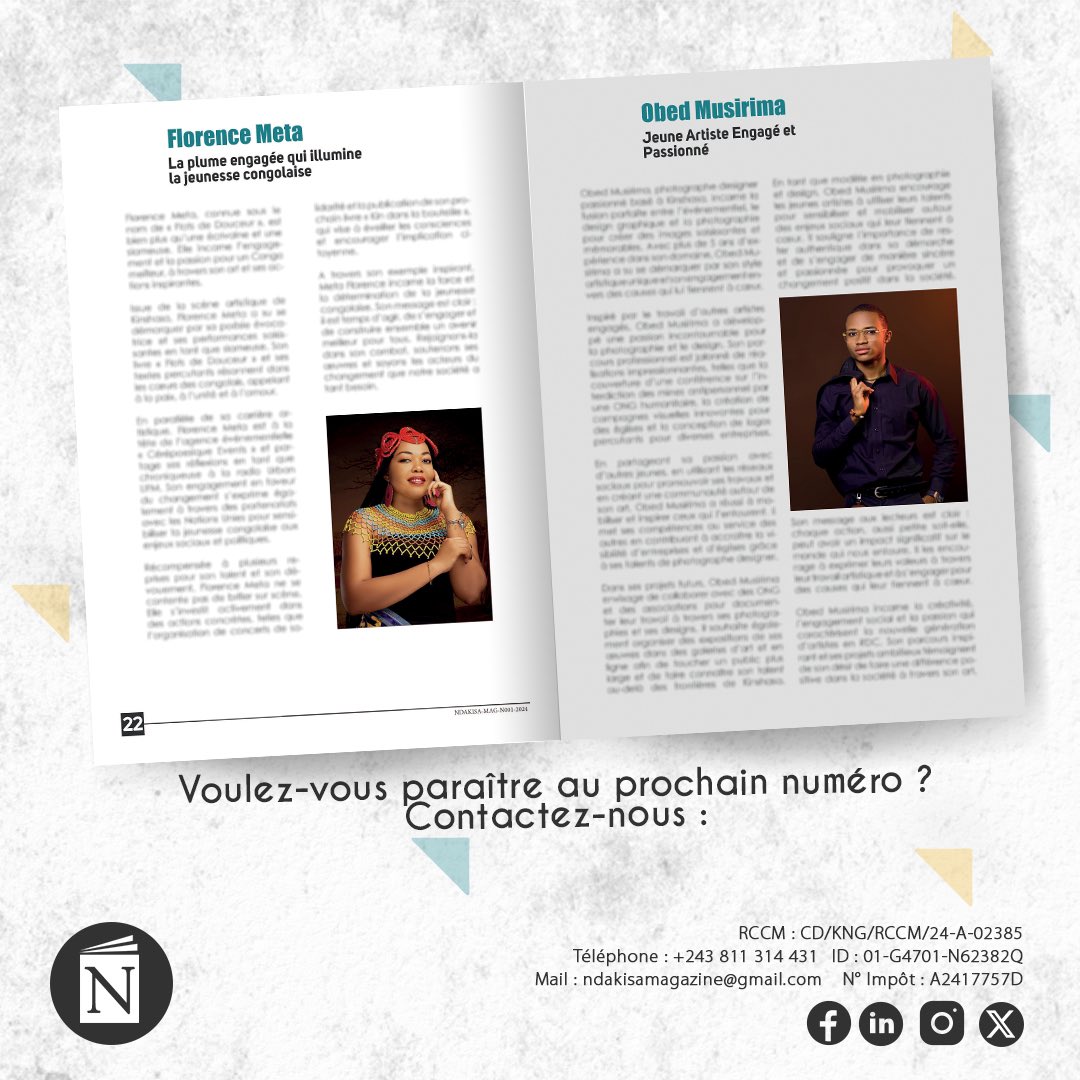 NDAKISA MAGAZINE (@ndakisamagazine) on Twitter photo Procurez-vous la deuxième édition du magazine et découvrez le parcours inspirant de <a href="/florencemeta/">Poétesse de la République 🇨🇩</a> et <a href="/Musirimaobed/">musirima obed</a>. Disponible en version papier et électronique.
Email: Ndakisamagazine@gmail.com
Téléphone: 0811314431 Procurez-vous la deuxième édition du magazine et découvrez le parcours inspirant de <a href="/florencemeta/">Poétesse de la République 🇨🇩</a> et <a href="/Musirimaobed/">musirima obed</a>. Disponible en version papier et électronique.
Email: Ndakisamagazine@gmail.com
Téléphone: 0811314431
