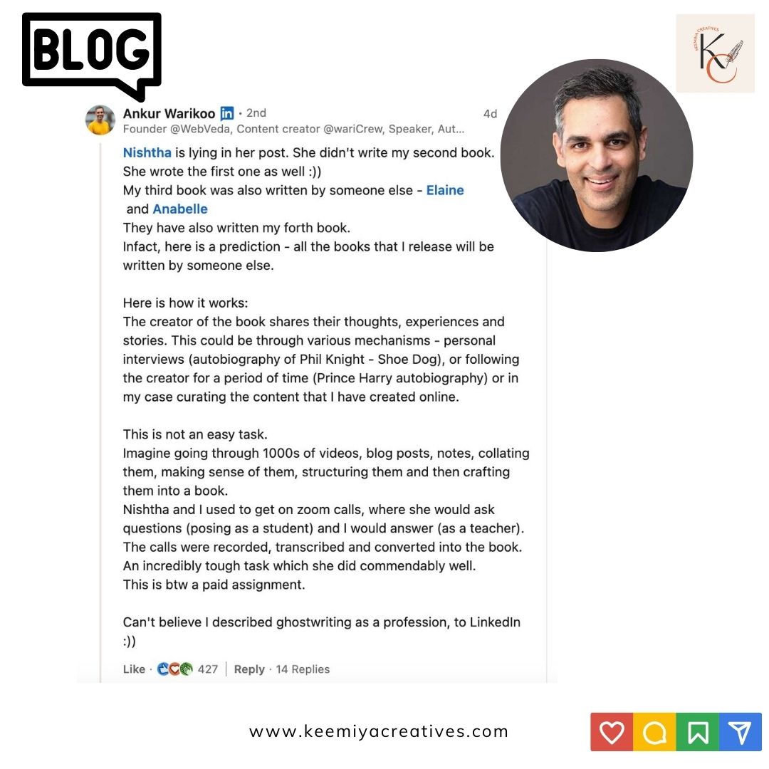 Keemiya_C's tweet image. In our latest blogpost, we explain the pros and cons of ghostwriting.

keemiyacreatives.com/2025/01/06/ank…

#WednesdayWisdom #KCBlogs #RecommendedReads #AnkurWarikoo #IndianWriting #Ghostwriting