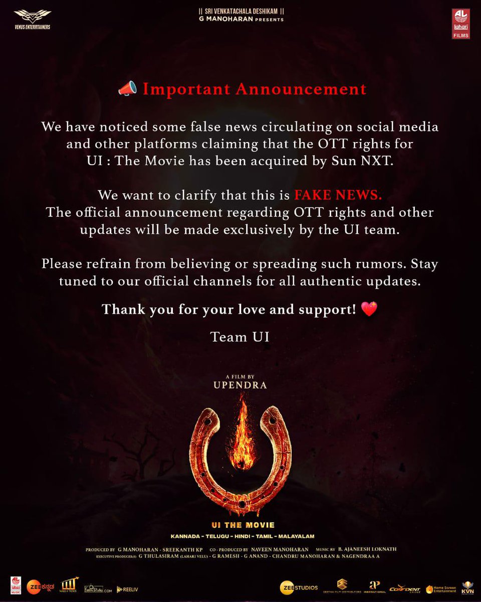 TeamVamsiShekar's tweet image. 🚫 Say NO to rumors! 🚫

The news about OTT rights for #UiTheMovie is fake. 

Official announcements will ONLY be shared on our verified platforms. Stay tuned!

#Upendra @nimmaupendra @Laharifilm @enterrtainers @Reeshmananaiah @AJANEESHB @LahariMusic #GeethaFilmDistributors…